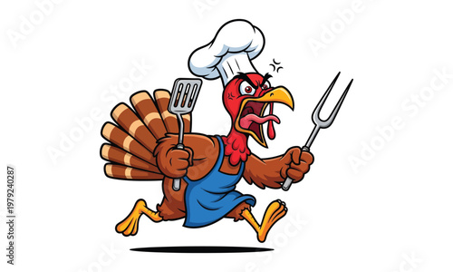 Angry turkey chef cartoon character running with spatula and meat fork.