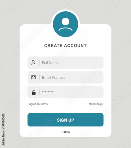 A modern sign up form on a clean background with a teal button