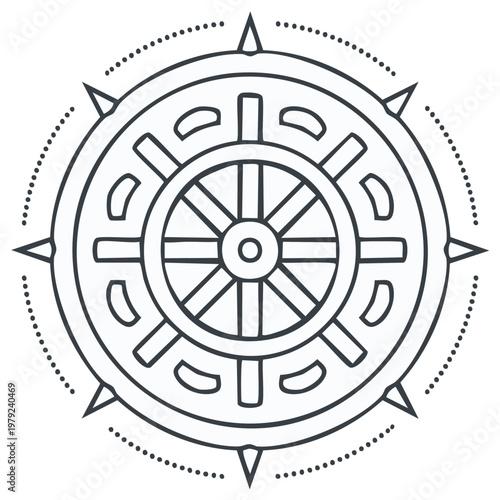 Buddhist Dharma Wheel symbol with compass points and dotted circle