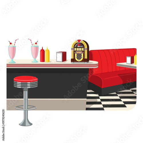 Retro 1950s American Diner Interior with Milkshakes and Jukebox