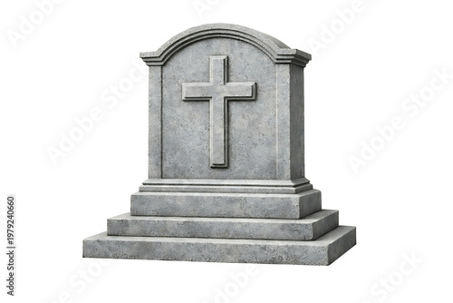 Christian tombstone monument with carved cross isolated on black background, symbolizing faith, death, remembrance, cemetery memorial, and funeral service concepts