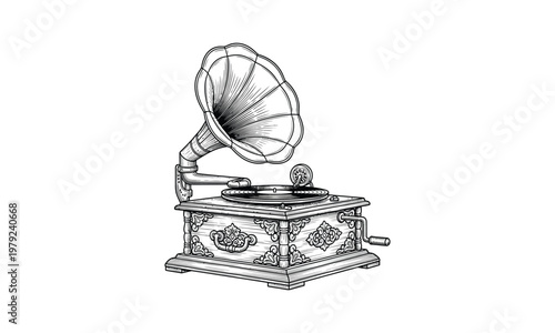 Antique gramophone playing music with horn and turntable on white.