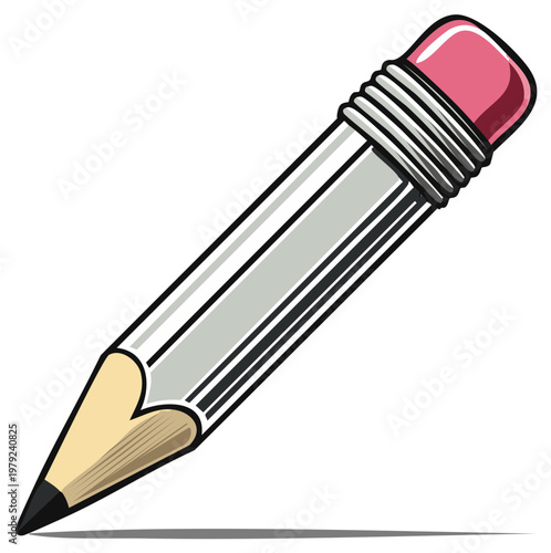 Illustration of a sharp lead pencil with pink rubber eraser ideal for creative projects or educational material