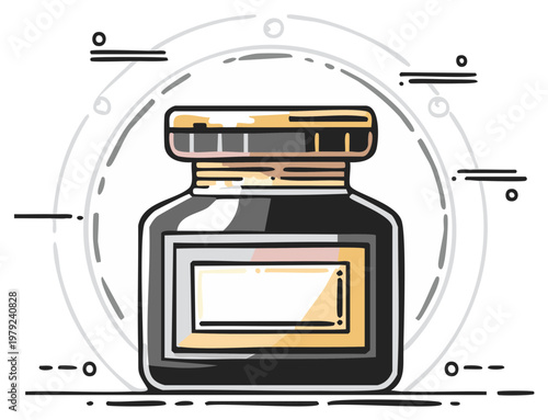 Illustration of ink bottle with label and decorative lines, vintage art concept.