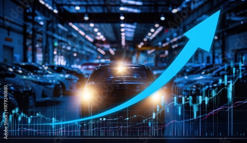 A car in a showroom is illuminated in a dark setting with a rising blue arrow and financial graph overlay, symbolizing growth or success in the automotive market.