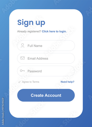 A mobile phone screen displaying a sign up form with a blue background and white interface