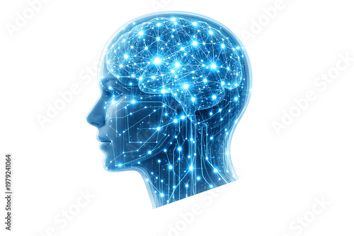 Futuristic artificial intelligence concept showing translucent human head profile filled with glowing neural network connections and digital brain circuitry on black background