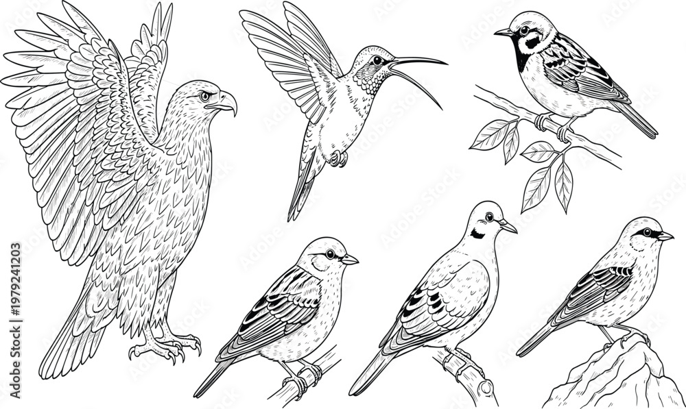 Obraz premium six different birds detailed blue line art, perched and flying, wildlife nature outdoor artistic design