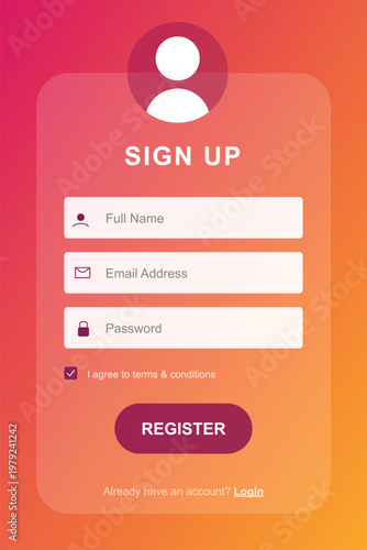 A vibrant sign up page with a gradient background and a registration form