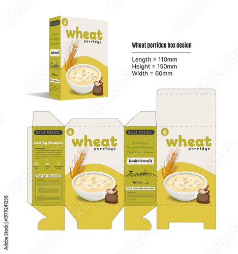 Wheat porridge packaging design, breakfast cereal box template, food carton layout, oat meal milk carton