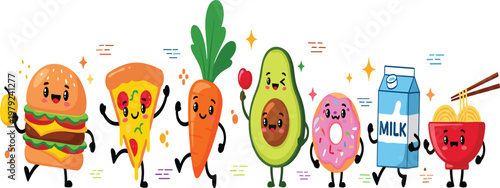 Cute Food Characters Lineup with Burger Pizza Carrot Avocado Donut Milk and Noodles Showing Healthy and Unhealthy Diet Concept Illustration.