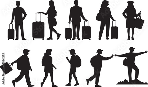 Travelers with luggage silhouettes people walking carrying bags airport trip.
