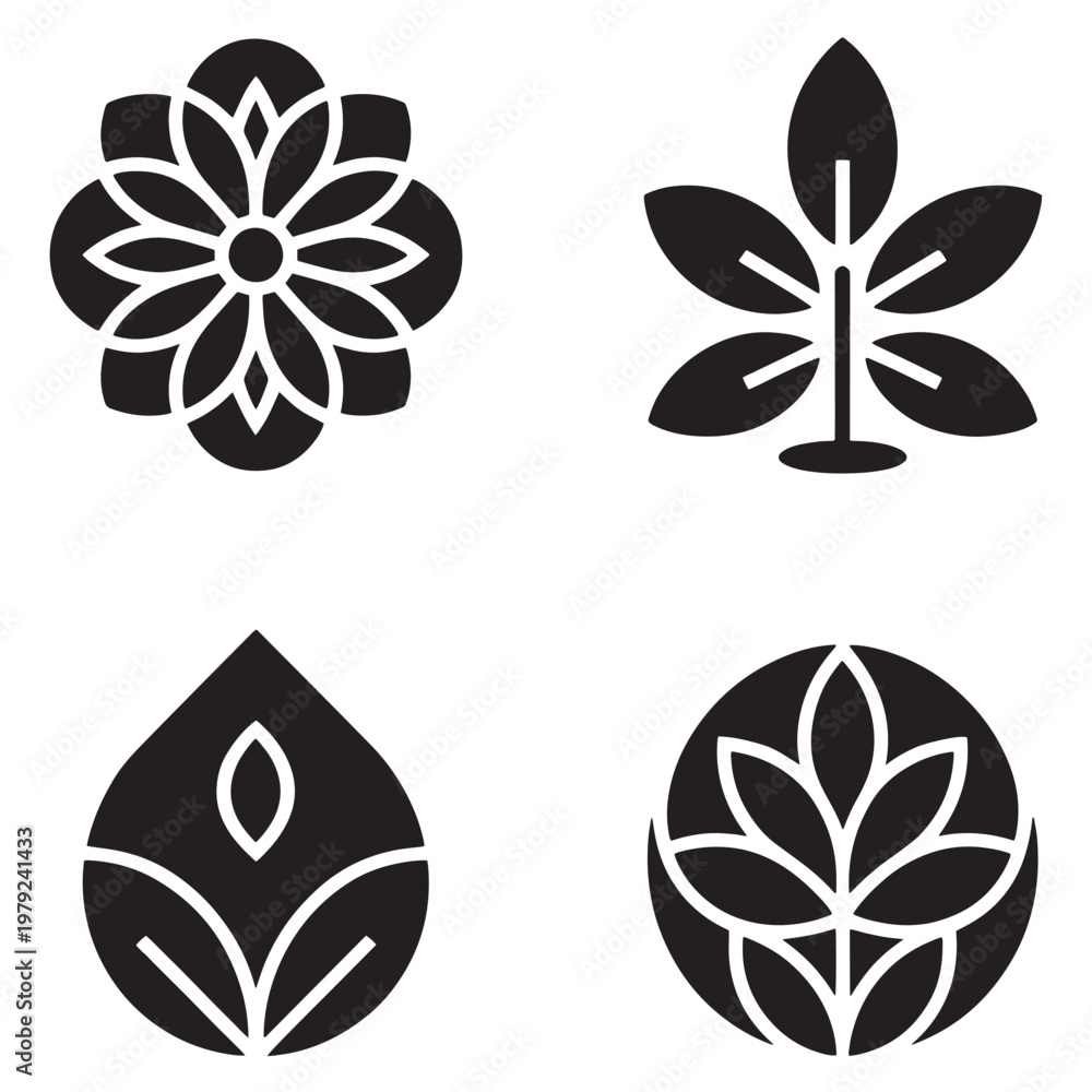 Fototapeta premium Set of four stylized black and white vector icons representing nature and growth elements.