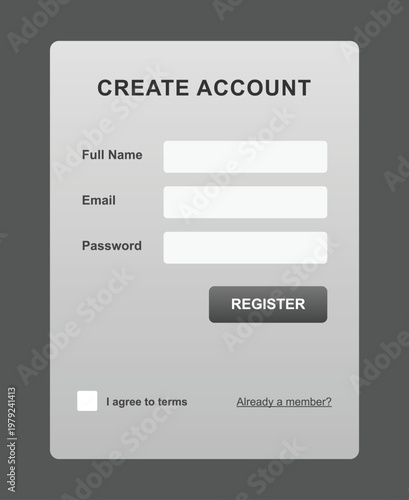 A registration form on a gray background with a create account button