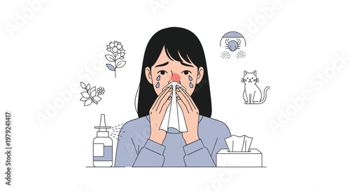 Allergic woman holds soft white tissue near nose while surrounded by floating icons of pollen and dust mites in a bright minimalist clinical illustration.