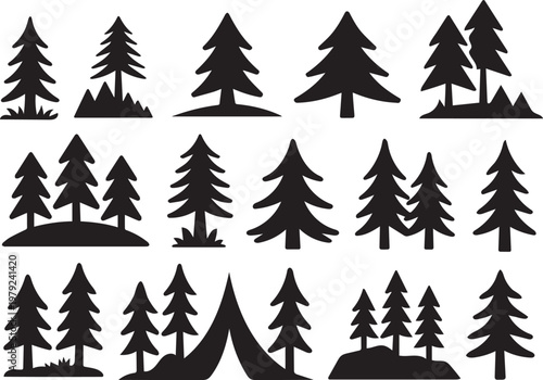 Set of pine and spruce trees silhouette icons for outdoor nature design project.