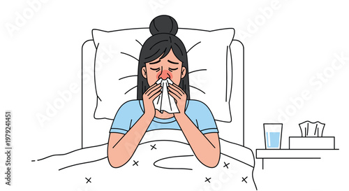 Sick woman with a messy bun sits upright in bed holding a tissue to her red nose with a glass of water on the nightstand in a clean vector illustration.