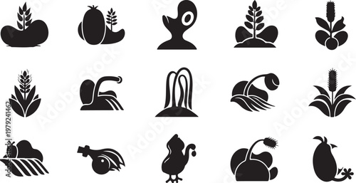 Black and white icons of plants and animals