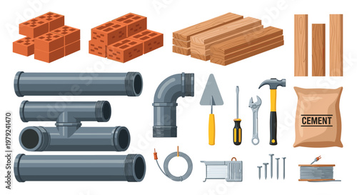 Assorted construction materials including red bricks and wooden planks are arranged with plumbing pipes and essential hand tools on a plain white background.