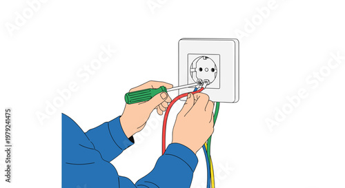 Skilled hands manipulate a green screwdriver to secure colorful copper wires into a white electrical wall outlet in a bright room with clinical lighting.