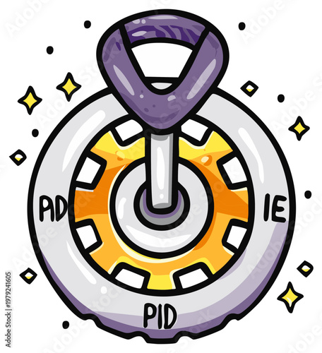Illustration of a shiny cartoon control knob with a gear and handle, featuring control labels.
