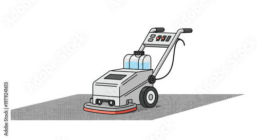 Grey industrial floor scrubbing machine with a water tank stands on a textured grey surface in a clean and modern professional cleaning equipment graphic.