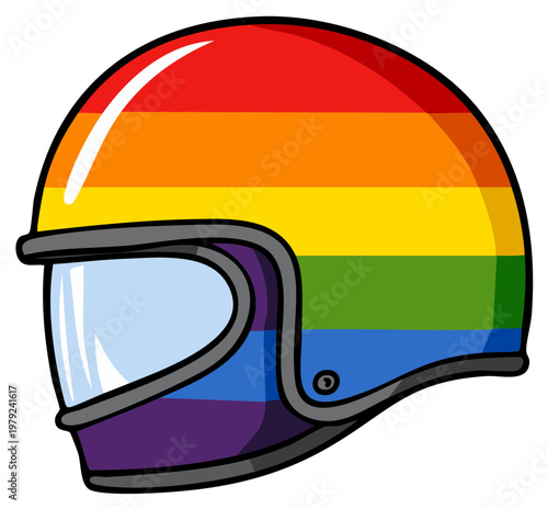 Cartoon motorcycle helmet in rainbow pride flag colors.