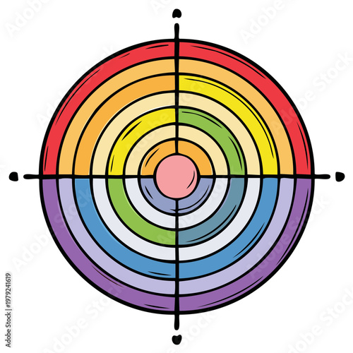 Colorful rainbow target design with crosshairs in a whimsical cartoon style