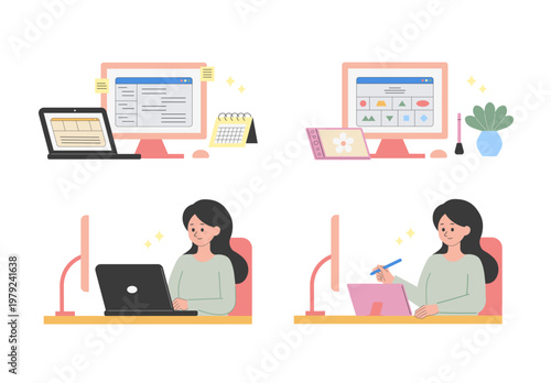 Set of flat illustrations of woman working on laptop and graphic designer using drawing tablet at desk