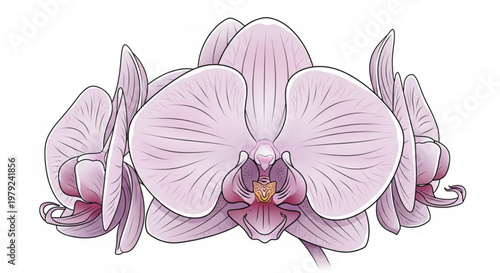 Beautiful pink orchid flowers with large petals and yellow center isolated on white background