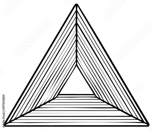Abstract geometric illusion of nested triangles receding into perspective in black and white