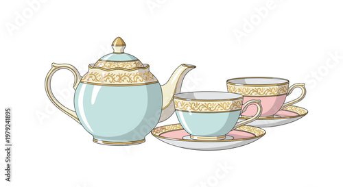 Delicate pastel tea set with a teapot and two teacups showcases ornate gold scrolling patterns against soft pink and light blue glazed porcelain surfaces.