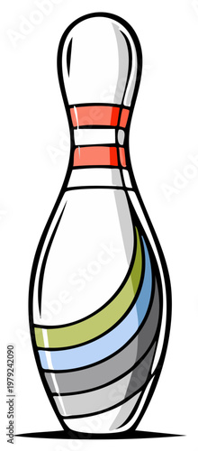 Illustration of a stylized bowling pin with colored bands, graphic design, sport object.