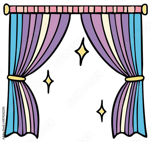 Open Pastel Striped Curtains Revealing Sparkling Stars and Magic