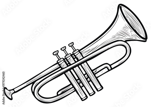 Black and white illustration of a trumpet musical instrument with detailed valves and bell