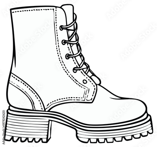 Illustration of a stylish, high-heeled boot with laces and a sturdy sole, side view