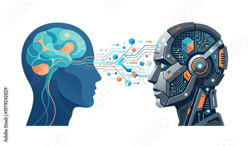 AI vs human mind transfer concept vector artificial intelligence and human brain technology illustration