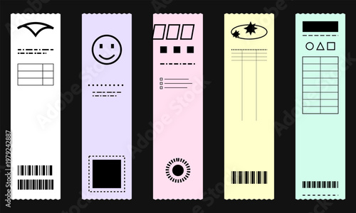 Quadro su tela Hand-drawn Y2K aesthetic pastel receipt ticket elements with barcodes icons and