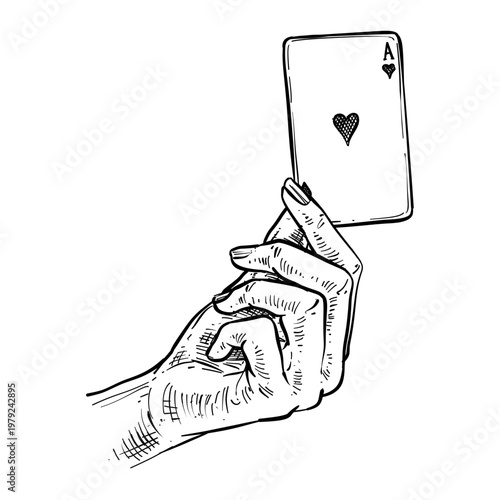 hand holding an ace of hearts playing card vector line art hand drawn illustration