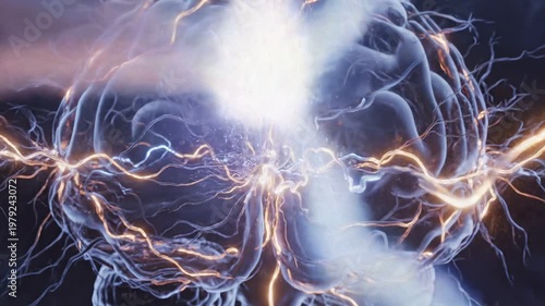 Abstract representation of electric brain activity with glowing neurons  