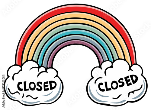 Vibrant rainbow with clouds announcing business closure in cartoon style