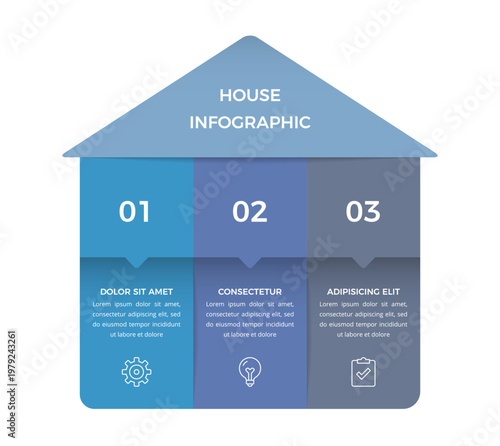 Business infographic template designed in the shape of a house with three vertical numbered columns, ideal for presenting real estate stages or home related project data