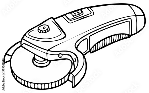 Illustration of an electric angle grinder tool in black and white drawing style.
