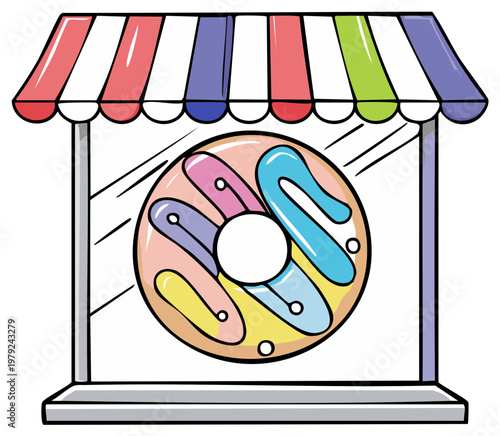Delicious pink glazed donut displayed in a shop window with a colorful awning, creating a sweet and tempting illustration.