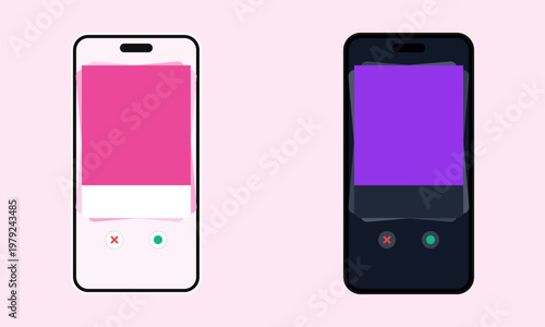 Hand-drawn smartphones showing light and dark mode dating app user interface swipe card mockup illustration