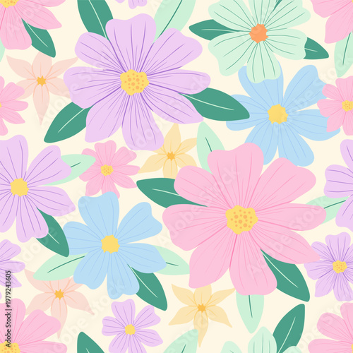 Seamless pattern with soft pastel flowers in pink, lilac, and sky blue with mint green leaves on a cream background. Sweet botanical vector illustration ideal for nursery wallpaper and baby apparel.