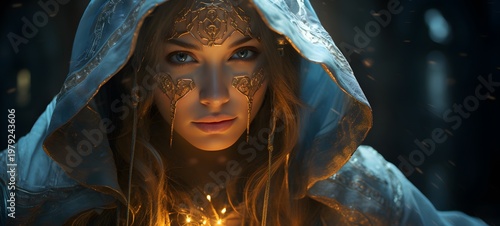 Digital painting style, beautiful but women is a fantasy sorceress godess spirit-ghost ,generative AI