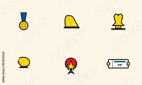 Hand-drawn collection of minimalist icons representing success achievement and exclusive event access featuring medals trophies and authentic illustration
