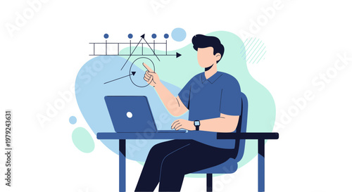 Man teaching data analysis with laptop and graph, online education concept