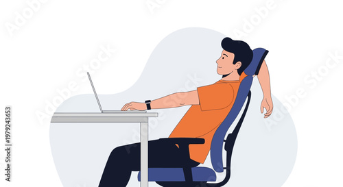 Man relaxing at desk with laptop, comfortable office chair, modern workspace